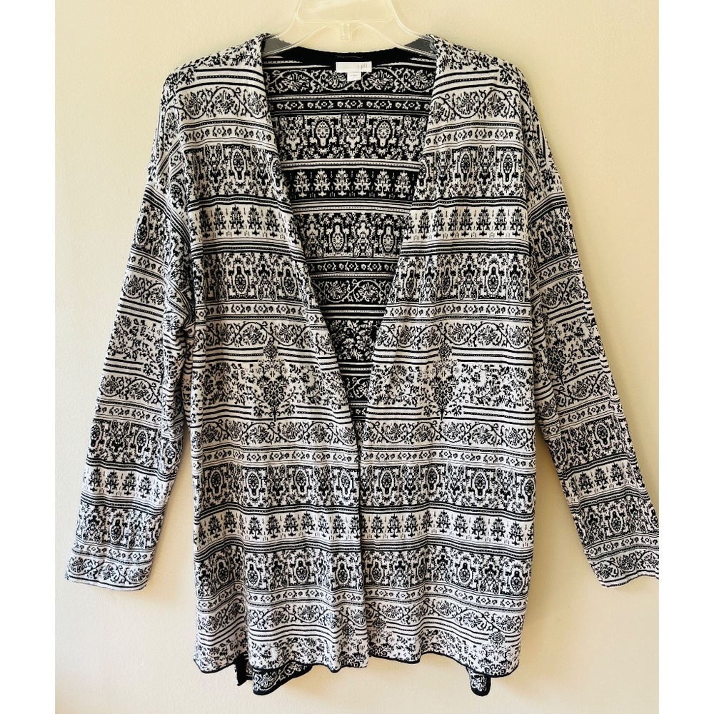 J. Jill Sz L Black White Jacquard‎ Open Front V Neck Cardigan Sweater Stretch